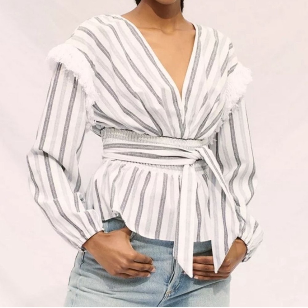 Saylor Revolve Linen Cotton Jil Top Fringe Boho VNeck Peplum Blouse MISSING BELT